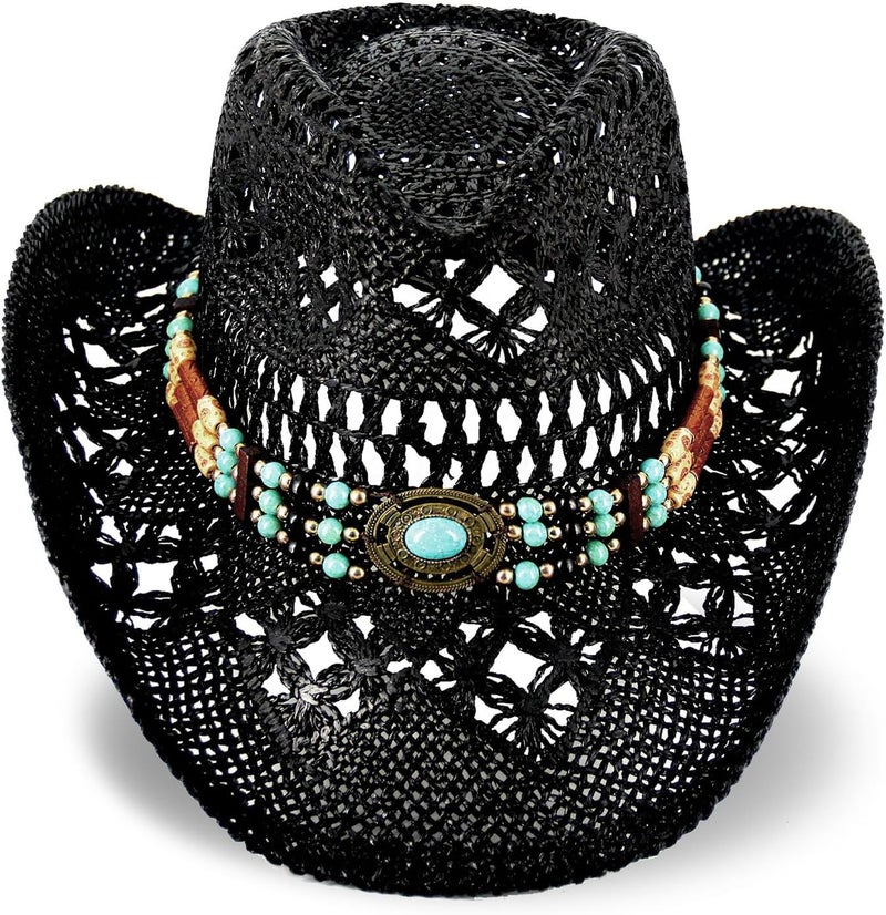 Foeran Men's Women's Straw Cowboy Hat Cowgirl Woven Sun Hat Western Cowboy Hat Two Decorative Bands - Image 2